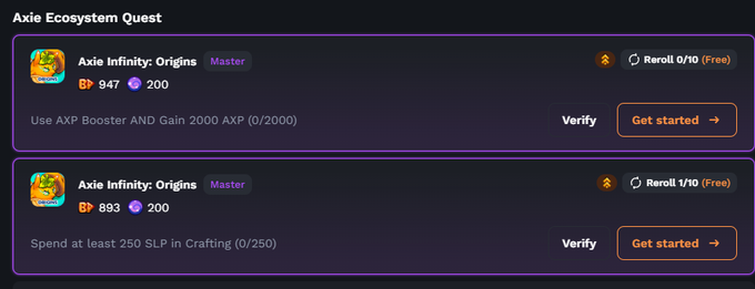 The image shows two lists of game names, one for the game "Infinity Origins" and another for the game "Aria Infinity Quest", both with a purple background. The text below the images reads "My favorite type of Master Quest in @AxieInfinity".