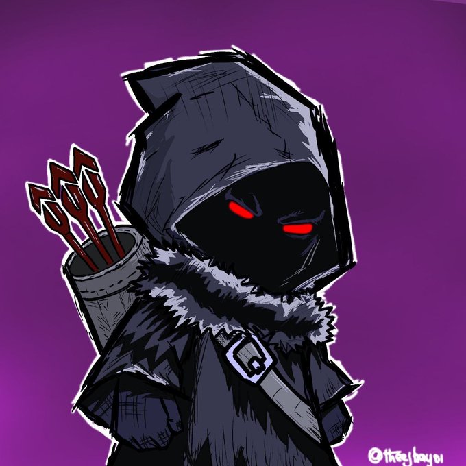 Digital artwork of a hooded assassin character with glowing red eyes, wearing dark robes with fur trim and carrying a quiver of arrows, signed 'Tikoy/Hayoi' on a purple background.