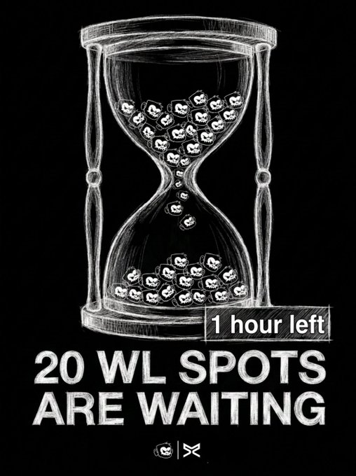 The image features an hourglass with a bunch of small white balls falling out, which are labeled "20 WL Spots Are Waiting" written below it. The text suggests that there are 20 spots available for people to enter, but they must complete all requirements before the time runs out in 60 minutes.