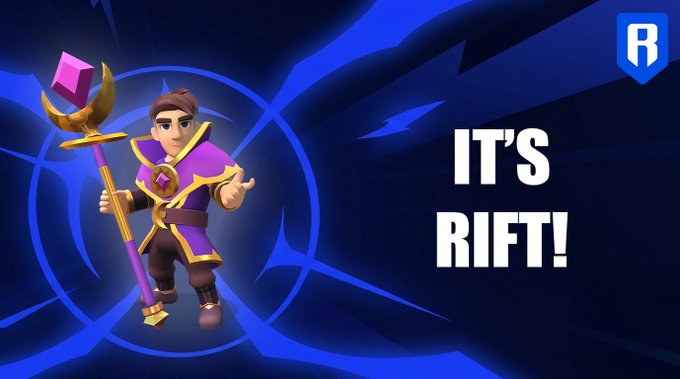 A 3D-rendered character named Rift, wearing purple robes and holding a glowing staff, stands against a dark blue background with the bold text "IT'S RIFT!" alongside the Rampage Studios logo, promoting the Fableborne game character.