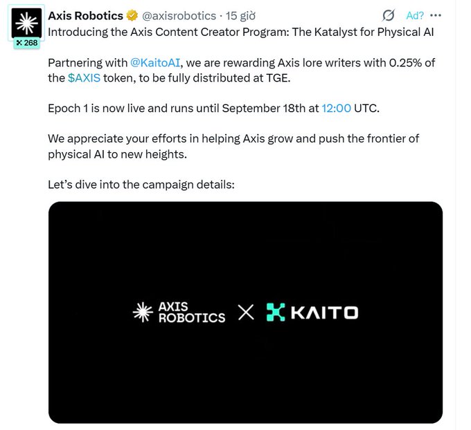 A tweet from Axis Robotics (@axisirobotics) announcing a partnership with @KaitoAI for an Axis Content Creator Program rewarding $AXIS tokens to lore writers.