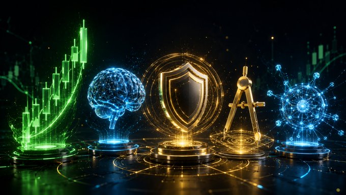 A futuristic digital illustration featuring glowing elements including green trading charts, a blue brain hologram, a golden shield, a drafting compass, and a network sphere on a dark background.