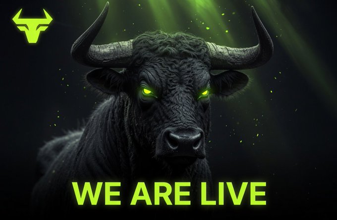 A dark, atmospheric graphic of a black bull with glowing green eyes, featuring the text 'WE ARE LIVE' in bright green at the bottom and a green bull-like logo in the top left corner.