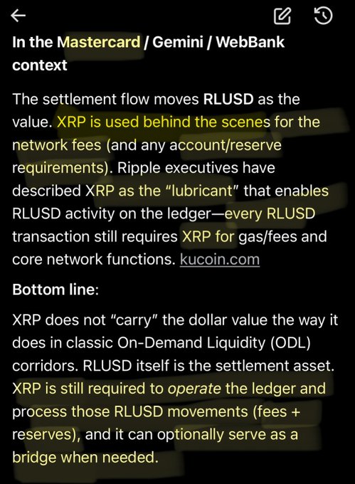 A screenshot of text explaining that in the Mastercard/Gemini/WebBank context, RLUSD is the settlement asset while XRP is used for network fees, citing kucoin.com.