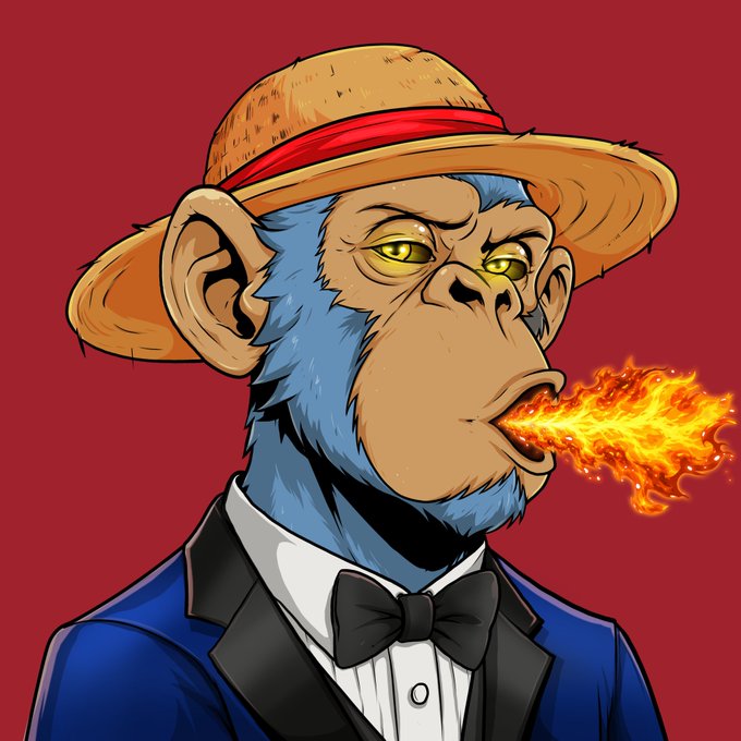 A cartoon illustration of a blue-furred monkey in a formal blue tuxedo and straw hat, breathing fire against a red background.