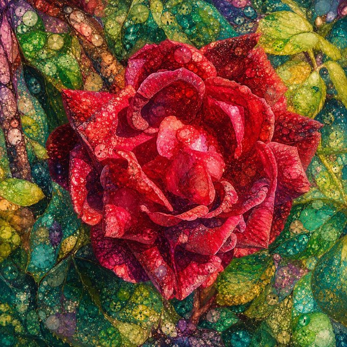A vibrant, colorful artwork of a red rose covered in water droplets, surrounded by green leaves with a stained-glass or textured artistic style.