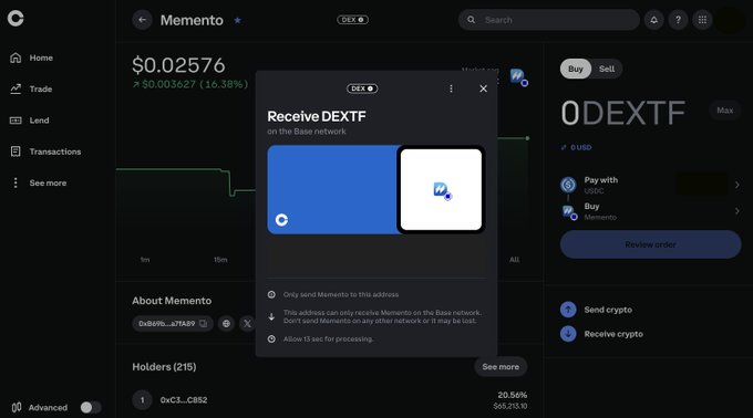 A Coinbase trading interface displays a pop-up wallet address for receiving DEXTF tokens on the Base network, with the Memento (DEXTF) page showing a price of $0.02576 and 16.38% gains, directly illustrating the post's announcement about DEXTF now being tradeable internationally on Coinbase via Retail DEX trading.