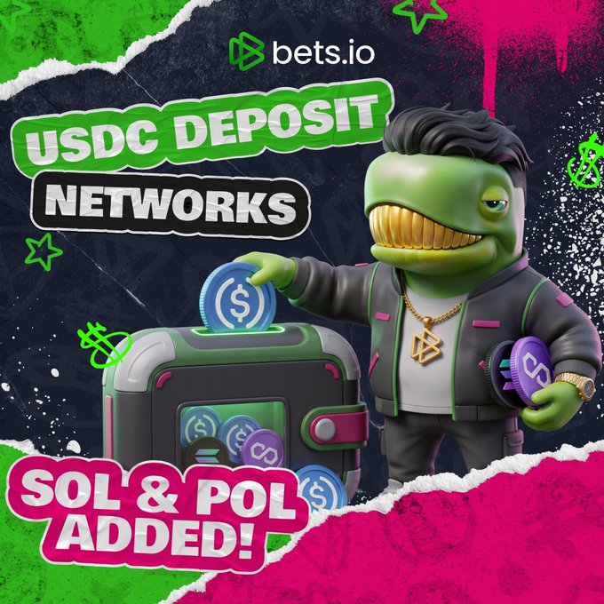 A promotional graphic for bets.io announcing 'USDC DEPOSIT NETWORKS' with 'SOL & POL ADDED!', featuring a green cartoon character holding crypto coins.