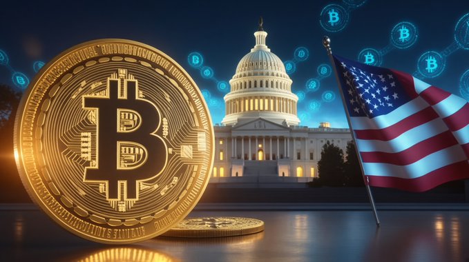 A large golden Bitcoin coin and the U.S. Capitol stand beside an American flag under Bitcoin symbols, illustrating Bitcoin reaching $79,500 amid U.S. Treasury bond buyback expansion and Trump's White House meeting with crypto leaders to advance the CLARITY Act. Text reads "BITCOIN DIGITAL DECENTR..." and "FINE COPPER" on the coin.