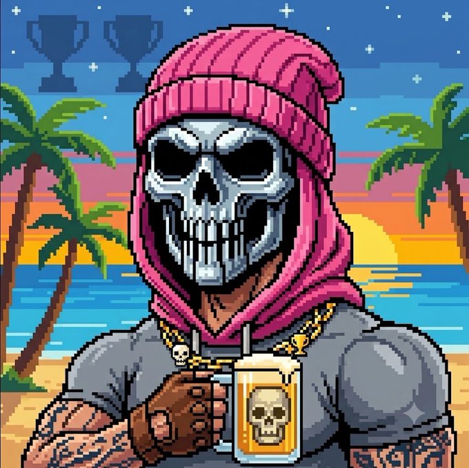 Pixel art skeleton wearing a pink hoodie and gold chains, holding a beer mug with a skull logo against a tropical sunset backdrop.