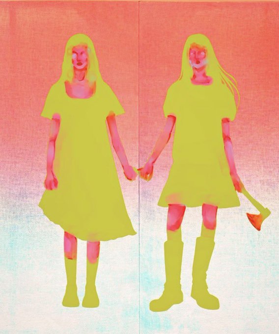 An illustration of two girls in chartreuse green dresses holding hands, with the right figure holding a bloody axe, set against a gradient orange to light blue background.