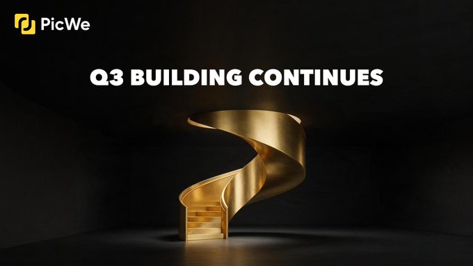 The image features a sleek golden spiral staircase set against a dark background, with the text "Q3 BUILDING CONTINUES" and the "PicWe" logo displayed at the top. The visual metaphor of the staircase—literally and figuratively building upward—reinforces the post's message about PicWe laying foundational infrastructure for the next generation of RWA markets as Q3 begins.