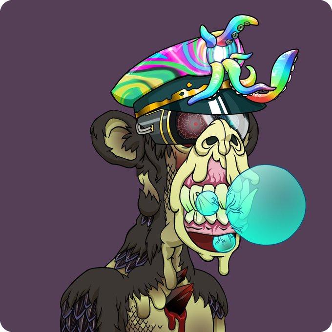 A digital illustration of a cartoon monkey wearing a colorful military-style hat with octopus tentacles emerging from it, smoking a bubble that contains a small skull face, set against a purple background.