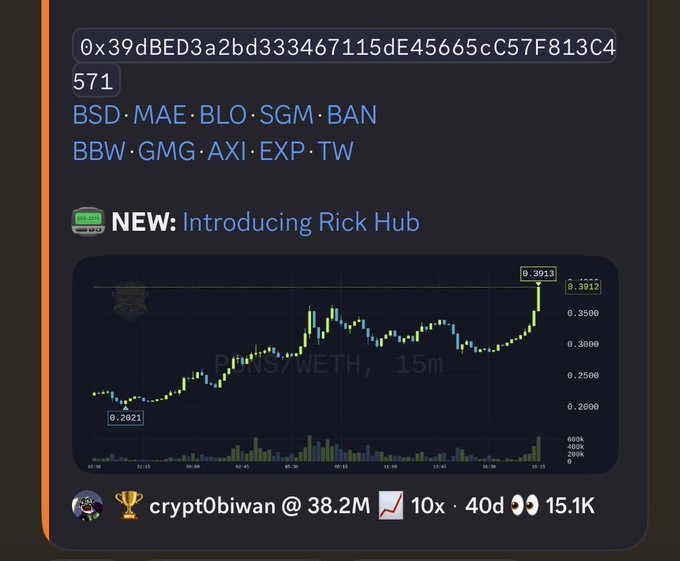 A cryptocurrency trading interface on X.com showing a contract address, various token tickers (BSD, MAE, BLO, SGM, BAN, BBW, GMG, AXI, EXP, TW), an announcement for 'Rick Hub', and a BNS/WETH candlestick chart shared by user crypto0biwan.