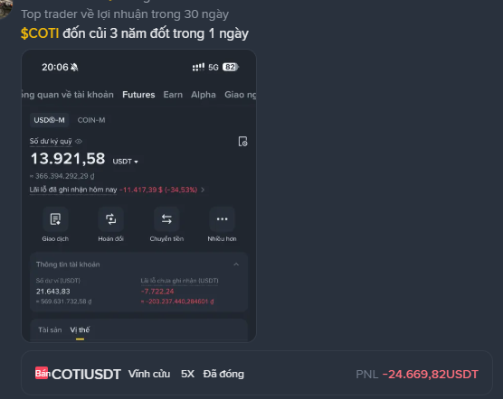 The image shows a Binance Futures trading account screenshot on a mobile interface displaying a USDⓈ-M account with a balance of 13,921.58 USDT and a daily loss of -11,417.39 USDT (-34.33%). Below, a COTIUSDT 5x short position that has been held ("Vĩnh cửu") shows an unrealized PNL of -24,669.82 USDT, illustrating the warning about how a leveraged short on COTI wiped out three years of savings in a single day.