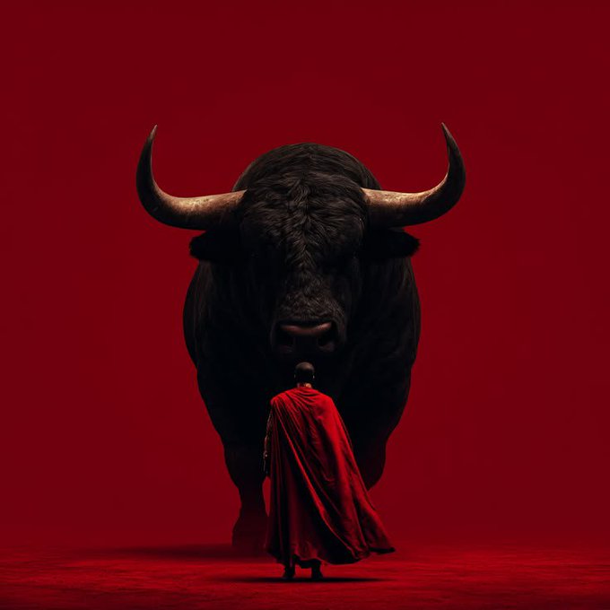 Dramatic red-toned poster image of a matador in a red cape facing a massive black bull head.