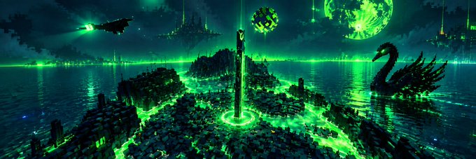 A wide sci-fi fantasy digital artwork of a dark city surrounded by glowing green water, featuring a central obelisk, a swan-shaped boat, a black swan, and green moons in a teal sky.