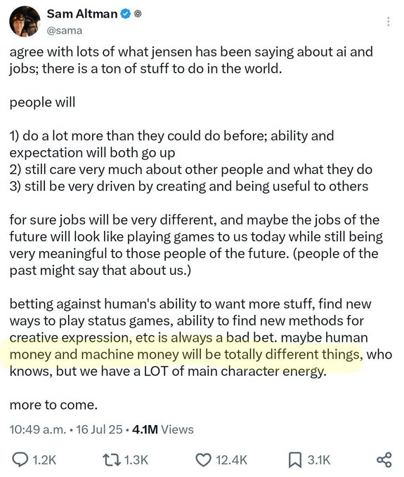 A tweet from Sam Altman (@sama) posted at 10:49 a.m. on 16 Jul 25, discussing AI and jobs, with the phrase 'money and machine money' highlighted in yellow, receiving 4.1M views.