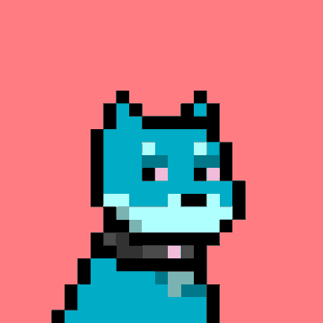 A simple pixel art portrait of a light blue character with a smiling face and dark collar set against a solid pink background.
