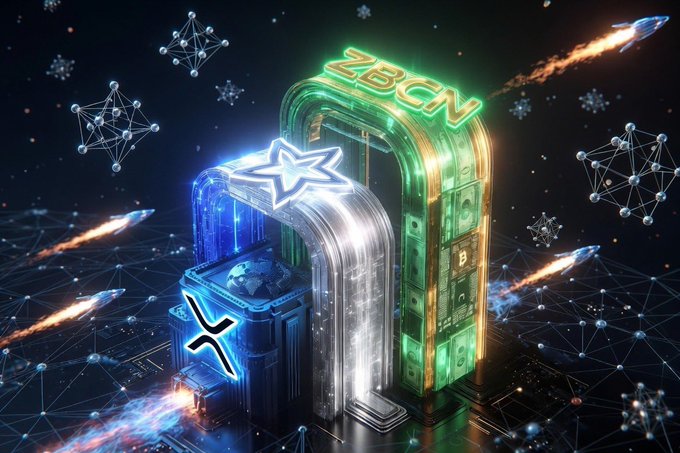 A vibrant 3D digital illustration featuring a green archway labeled 'ZBCN' intertwined with a blue currency symbol and the XRP logo, set against a network background with comets.