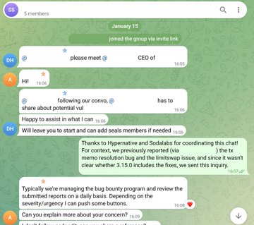 The image shows a screenshot of some conversation that was written on WhatsApp between two individuals. The text displayed includes greetings or goodbyes depending on whether the messages are being sent from one person to another, and mentions terms such as "January 15" and "January 19". There is also an email address provided in the message that could be used for contacting someone about a bug found during an investigation. Overall, it appears to be an exchange of information between two people rather than a formal conversation or report detailing a technical issue.