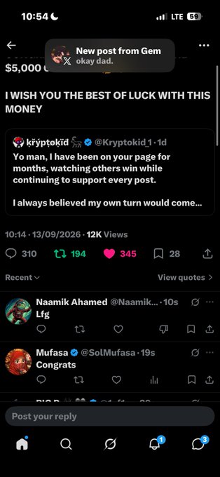 A social media post from 'kryptokid' displaying the message 'Yo man, I have been on your page for months, watching others win while continuing to support every post. I always believed my own turn would come...' after winning $5,000.