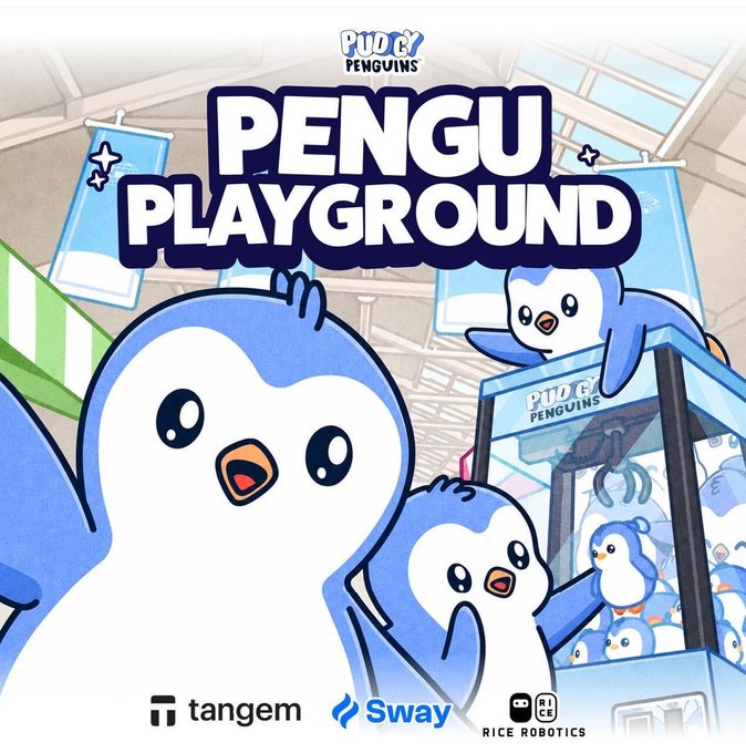 Promotional artwork for "Pudu Penguins Pengu Playground" featuring cartoon penguins around a branded claw machine, with sponsor logos for Tangem, Sway, and Rice Robotics at the bottom, promoting an arcade-themed event with food, drinks, and exclusive merch on September 28.
