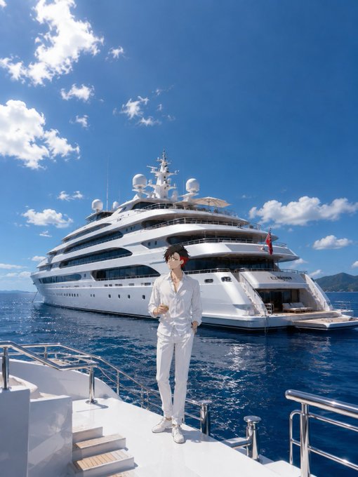 A digitally edited image of a 2D anime-style character in white clothing standing on a yacht deck with a massive luxury superyacht and blue ocean in the background.