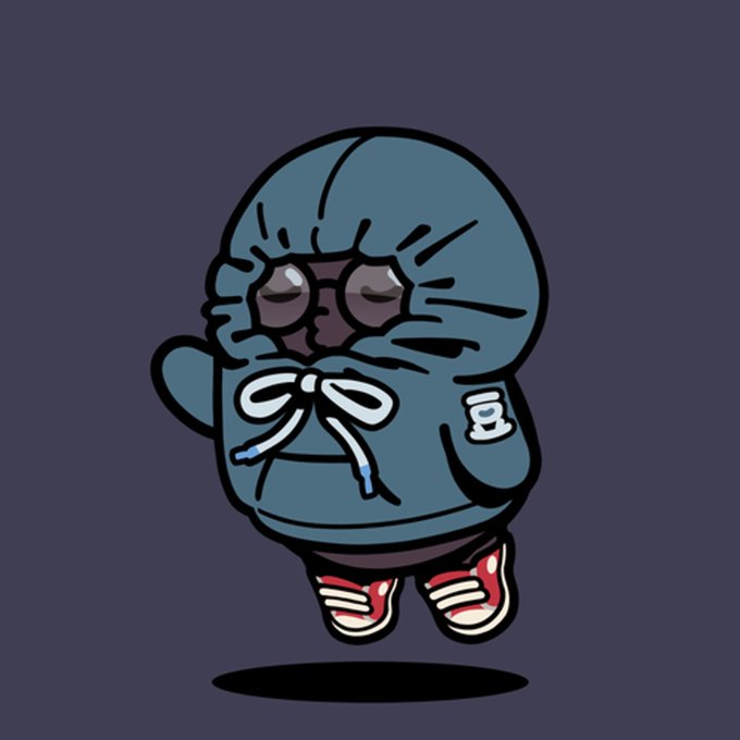 A cartoon illustration of a character wearing a blue puffer jacket, glasses, and red sneakers, floating against a dark purple background.