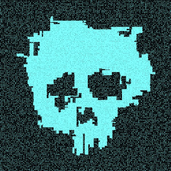 The image features a close-up view of an intricate skull crafted from numerous dots, giving it a digital appearance reminiscent of a computer-generated design or puzzle game. The skull takes up most of the frame, drawing attention with its detailed pattern and vibrant blue color. This striking image is accompanied by a caption that provides additional context to the photo. The post also contains some text, which reads "The Doomed sold for รับิม gondi.xyz/collections/kn ...", indicating an online marketplace where this digital piece might have been purchased or is part of a larger collection or project.