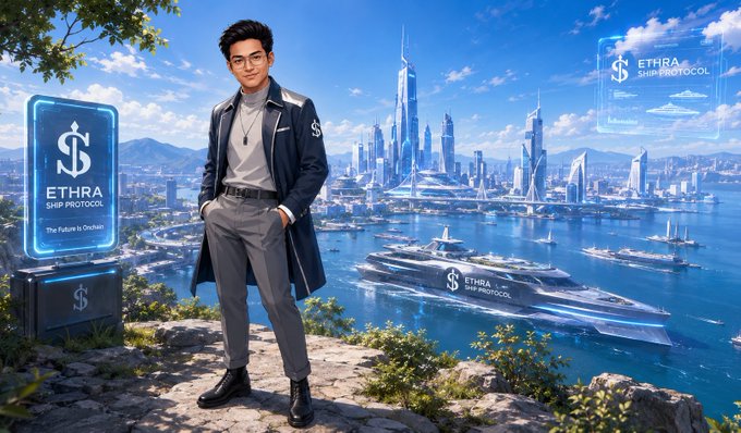A digitally illustrated man stands on a cliffside overlooking a futuristic cityscape with yachts, alongside glowing signs reading 'ETHRA SHIP PROTOCOL' and 'The Future is Onchain'.