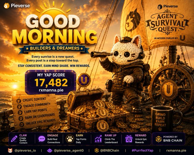 The image features a poster for a game called "Good Morning Builders & Dreamers!". The poster has a cartoon cat dressed as a pirate, holding a treasure chest with gold coins inside. The background of the poster shows an ocean scene with a ship sailing in the distance and a sunrise over it. The text on the poster encourages players to engage with the game by creating content, connecting with others, and earning points for ranking high on leaderboards.