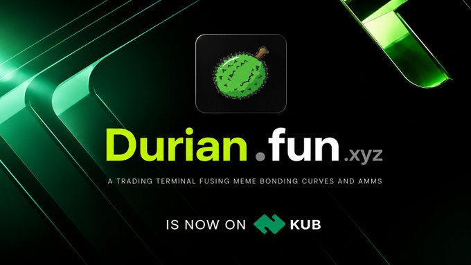 A promotional graphic for 'Durian.fun.xyz' — a trading terminal fusing meme bonding curves and AMMs — announcing it is now live on the KUB exchange, featuring a pixelated durian fruit logo.