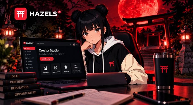 An anime-style promotional image for HAZELS Creator Studio, featuring a black-haired girl in a black and white jacket working on a laptop displaying the platform, with stacks of books labeled 'IDEAS', 'CONTENT', 'REPUTATION', and 'OPPORTUNITIES' beside her.
