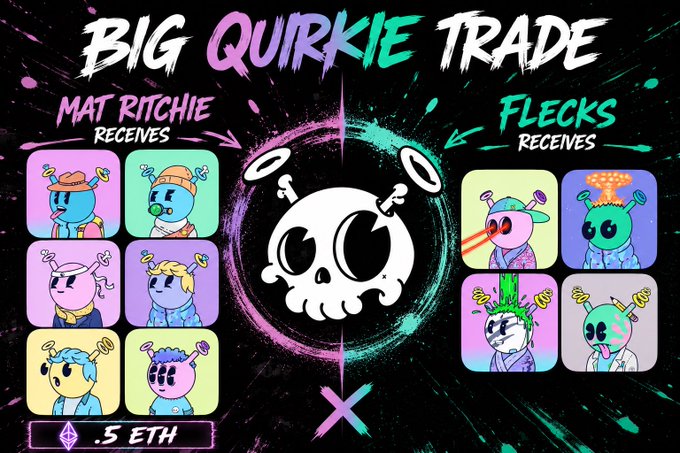 A bold graphic titled "BIG QUIRKIE TRADE" showcases an NFT swap between Mat Ritchie and Flecks, with Mat receiving 6 quirky skeleton characters on the left and Flecks receiving 4 on the right, including a ".5 ETH" price tag and a central skull logo representing the CryptoSkulls brand.