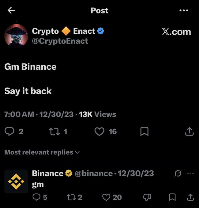 A X.com post by 'Crypto Enact' (@CryptoEnact) saying 'Gm Binance, Say it back', with a reply from Binance simply saying 'gm'.