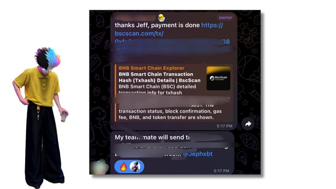 A person with rainbow-colored hair wearing a yellow shirt and black pants stands next to a chat screenshot showing a cryptocurrency transaction on BNB Smart Chain via BscScan, with a message thanking 'Jeff' for payment.