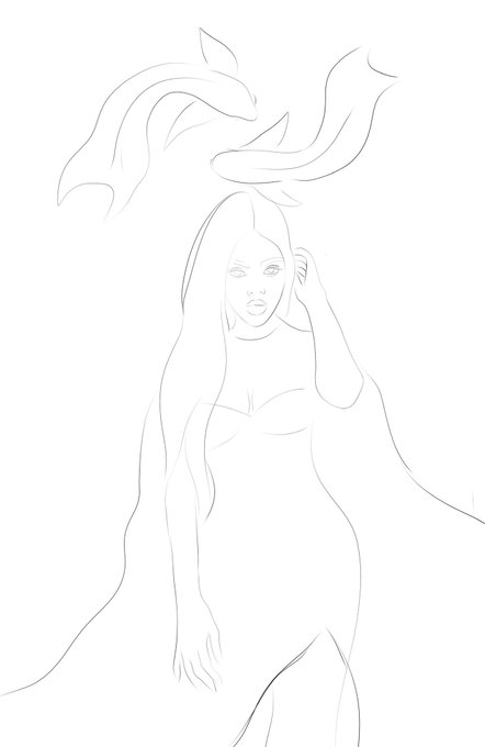 A line art sketch shows a woman in a bikini with flowing hair, framed by stylized flames or leaves above her head.