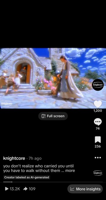 A screenshot of an Instagram reel by 'knightcore' featuring an AI-generated image of people walking near a stone chapel, with the caption 'you don't realize who carried you until you have to walk without them ... more' and labeled 'Creator labeled as AI-generated'.