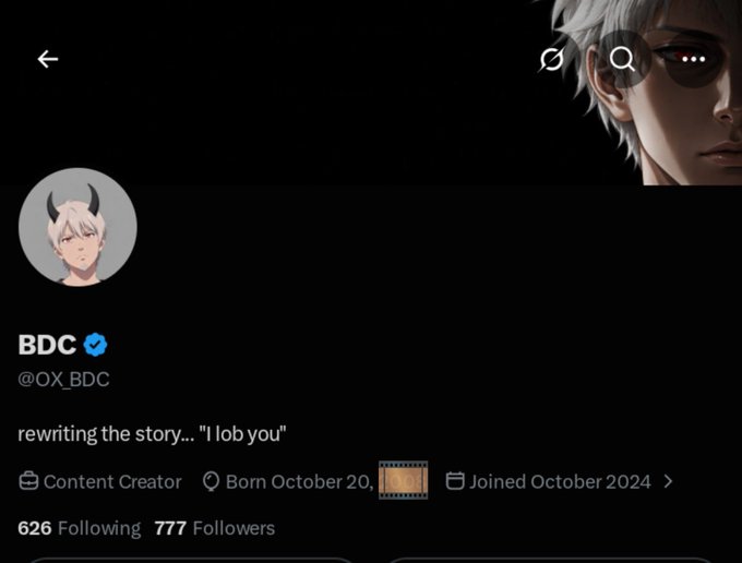 A social media profile screenshot for the user 'BDC' (@OX_BDC) showing a verified checkmark, the bio 'rewriting the story... "I love you"', a profile picture of a white-haired character with horns, and stats showing 626 Following and 777 Followers.