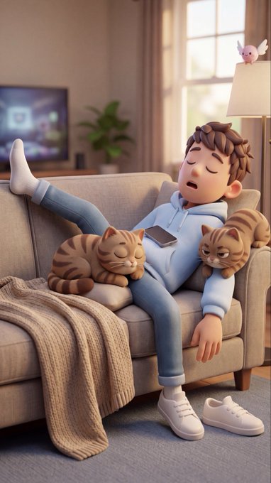 A 3D rendered cartoon illustration of a young man sleeping on a couch with two sleeping tabby cats, a blanket draped over his legs, with a small white bird flying near a lamp in the background.