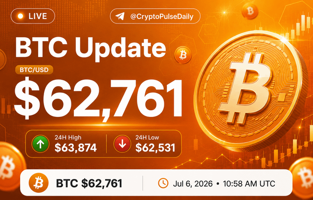 A CryptoPulseDaily live BTC/USD update showing Bitcoin at $62,761, with 24H high of $63,874 and 24H low of $62,531, dated July 6, 2026 at 10:58 AM UTC.