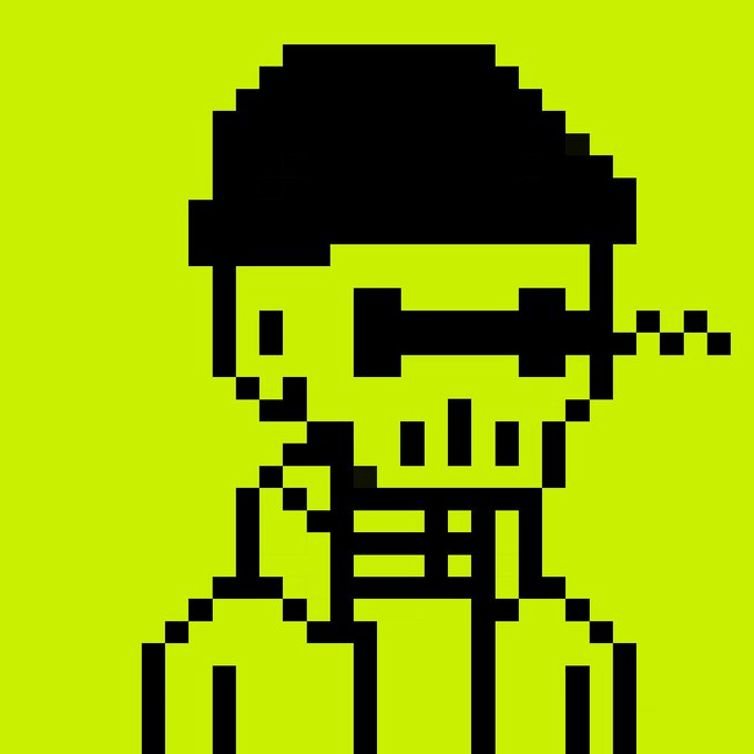 The image is a pixel-art style portrait of a figure wearing sunglasses and a beanie against a yellow background. The accompanying post promotes a 150 gdt FCFS mint for the DeadShadeNFTs project, with the character likely serving as the collection's mascot or artwork style.