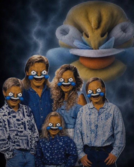 The image features a family of five with each member wearing a mask that has a face painted on it. The masks are blue and white, and they appear to be smiling for the camera. The background shows a dark sky filled with lightning bolts, creating an intense atmosphere. The caption reads "mom, dad, brother, sister, onboard them all. everyone deserves a laugh." This suggests that the family is enjoying themselves despite wearing funny face paint on their faces.