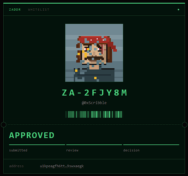 A similar ZADDR Whitelist approval card displaying a pixel art character with red hair, tagged 'ZA-2FJY8M' by @xScribble, marked as 'APPROVED' with an address visible at the bottom.