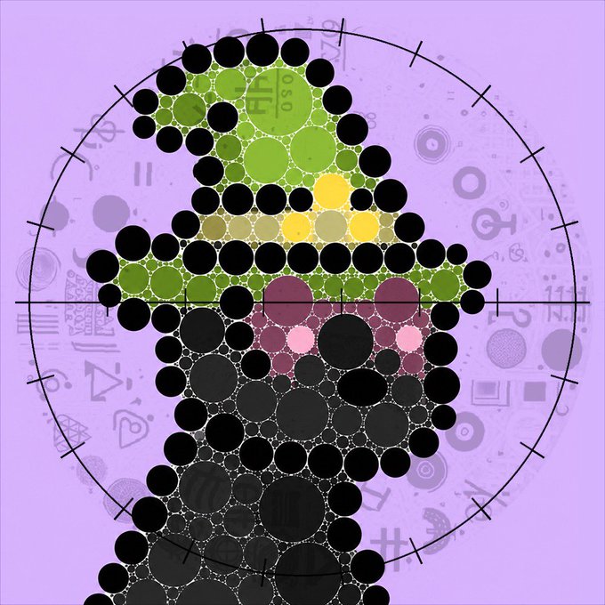 An artistic dot-pattern illustration of a frog wearing a witch hat, set against a purple background with astrological and mystical symbols.
