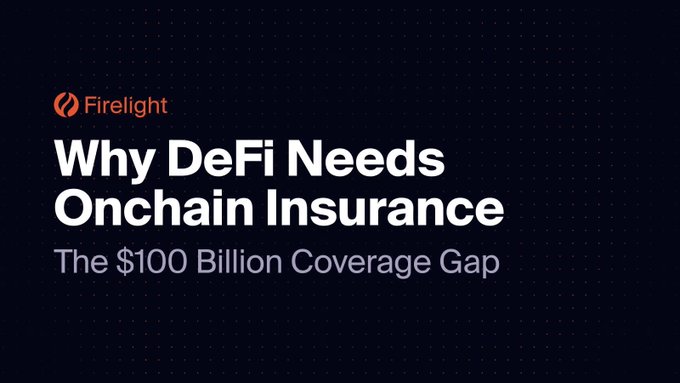 A dark blue title card with the 'Firelight' logo and white text reading 'Why DeFi Needs Onchain Insurance - The $100 Billion Coverage Gap'.