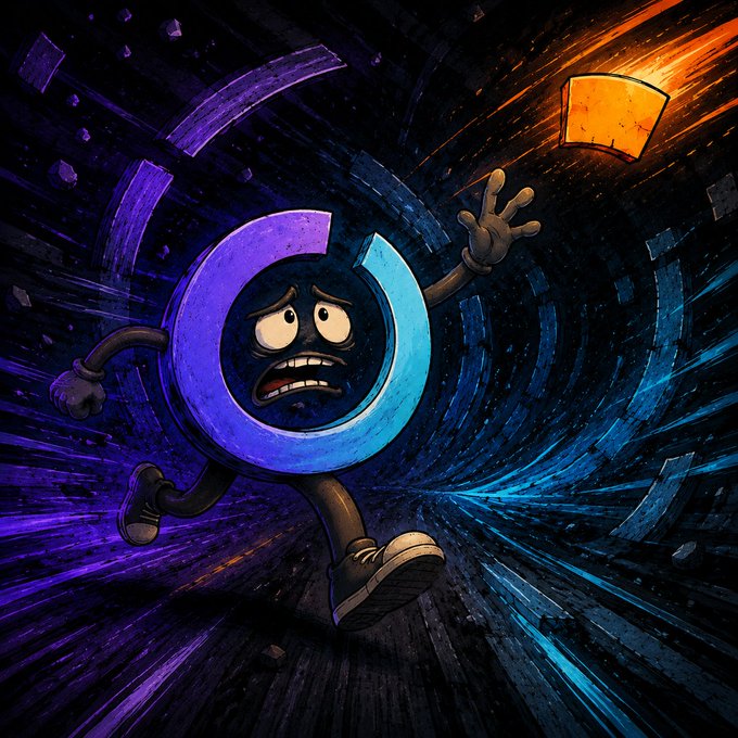 A digital illustration of an anthropomorphized blue 'C' or 'G' letter with a scared face, running away from a glowing orange object through a purple and blue abstract environment.