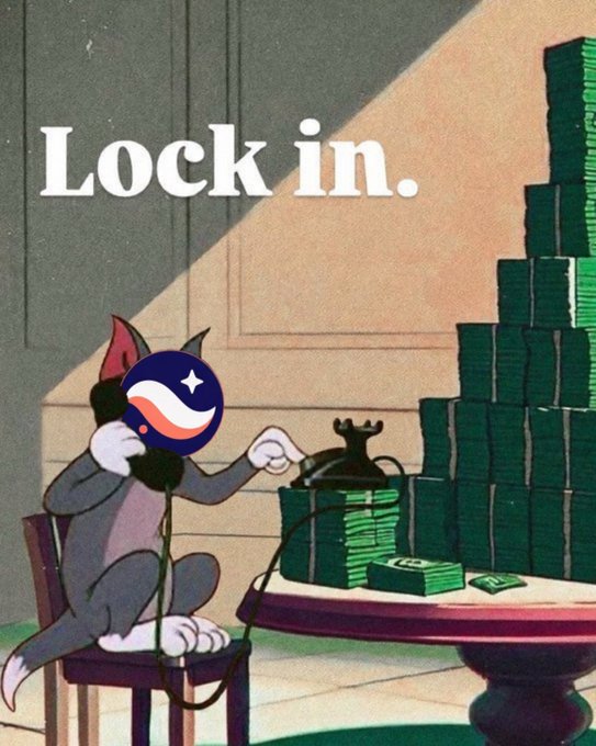 A vintage-style cartoon illustration of a cat sitting at a table with stacks of money, featuring the text 'Lock in.' and a circular logo with a star over the cat's face.