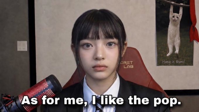 Screenshot of a young woman with dark hair and a school uniform sitting in a Secretlab chair in front of a microphone, with a 'Hang in there!' cat poster behind her; subtitle reads 'As for me, I like the pop.'